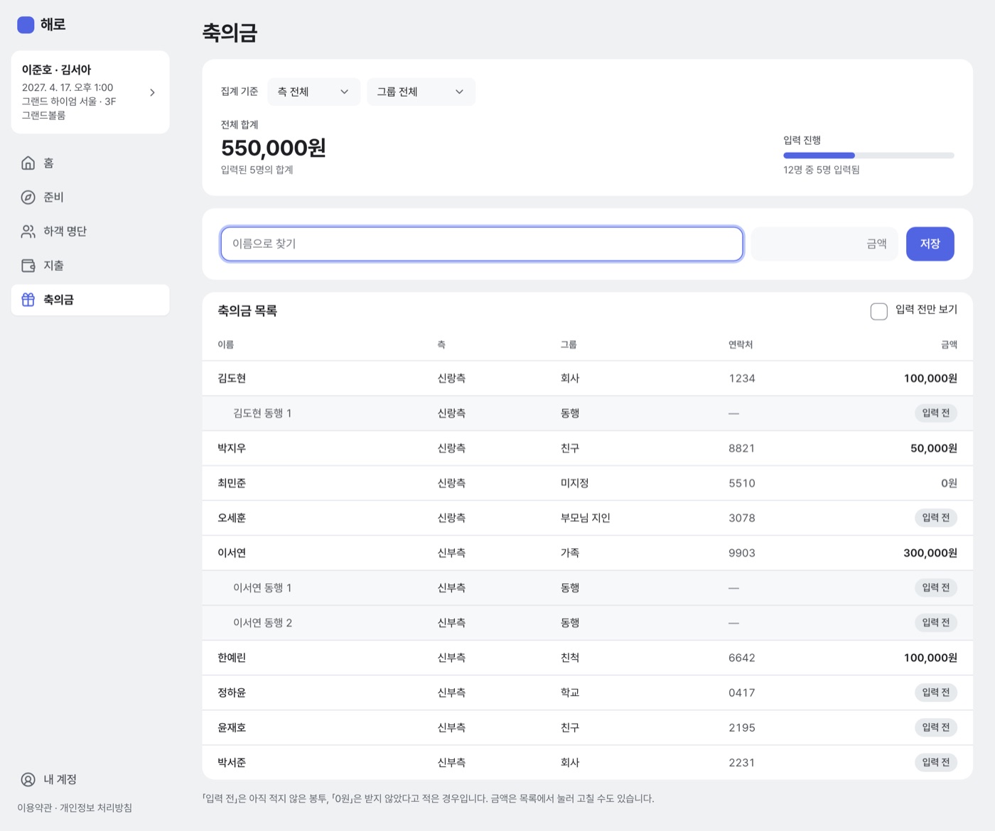 축의금 화면: 전체 합계와 입력 진행, 이름으로 찾아 금액 입력, 축의금 목록